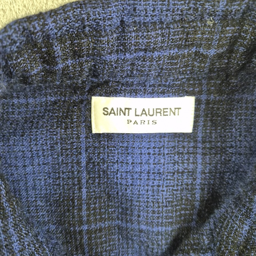 Saint Laurent Paris Shirt Large Navy Blue Plaid 100% Wool Japan Designer Luxury - Picture 8 of 11